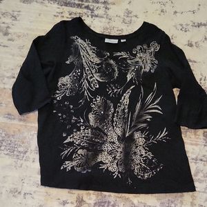 Avenue Black Floral Crew Neck 3/4 Sleeve Size 18/20 Women's T-Shirt